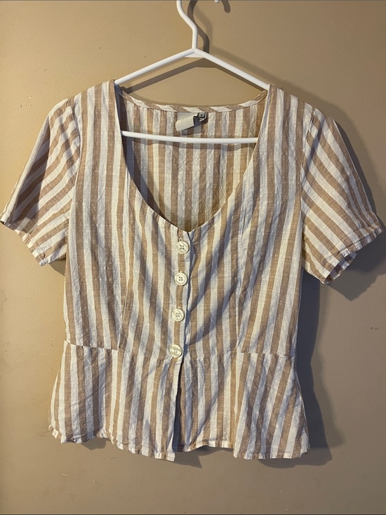 ICHI Tops - ICHI Beige White Striped Button Front Peplum Top 100% Cotton EU 36 US S
